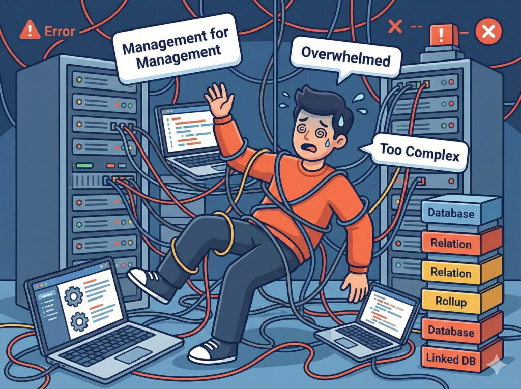複雑なデータベース構造に絡まって混乱している様子