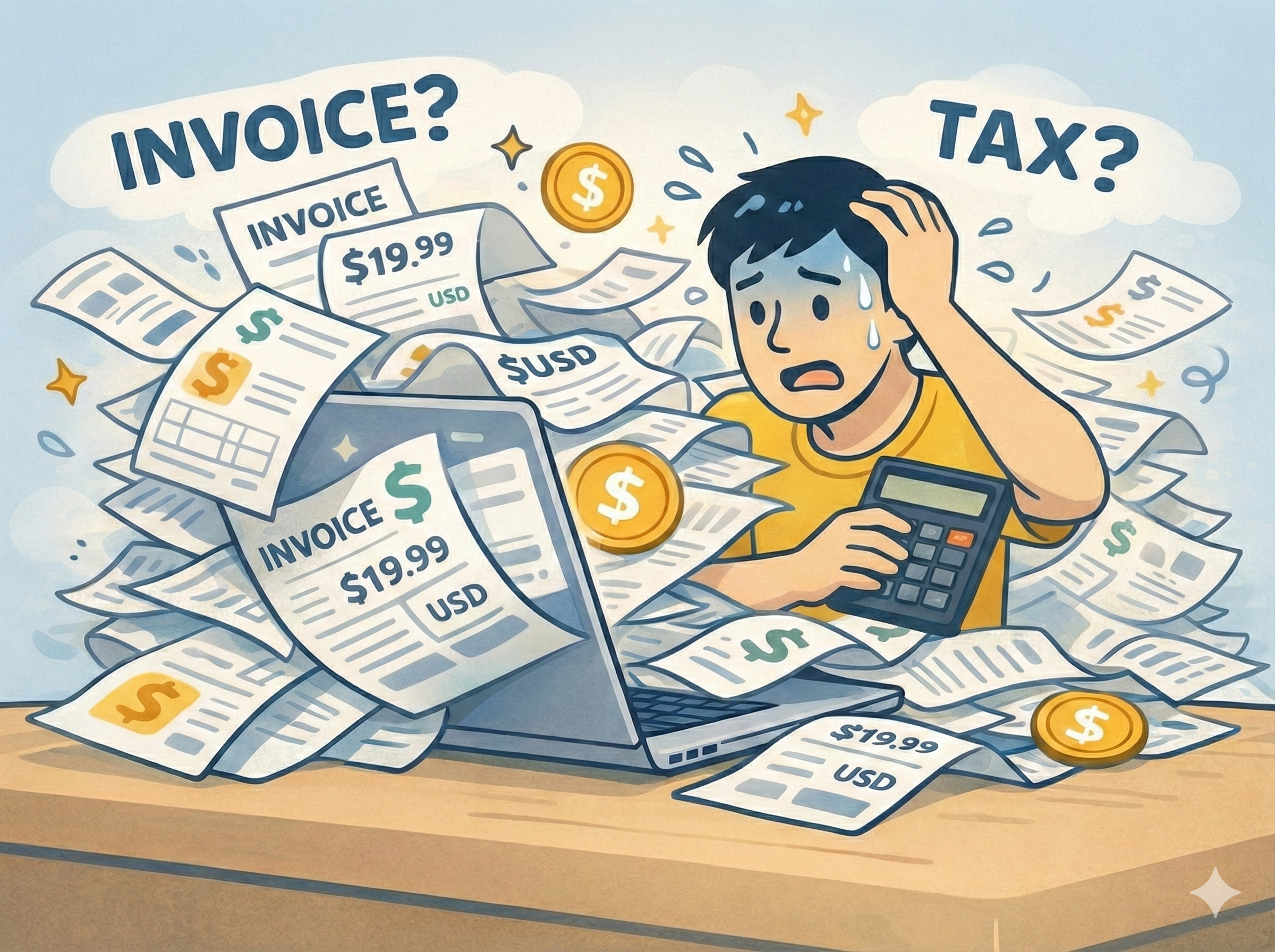 レシート・請求書に埋もれて青ざめるキャラクター(経理混乱)