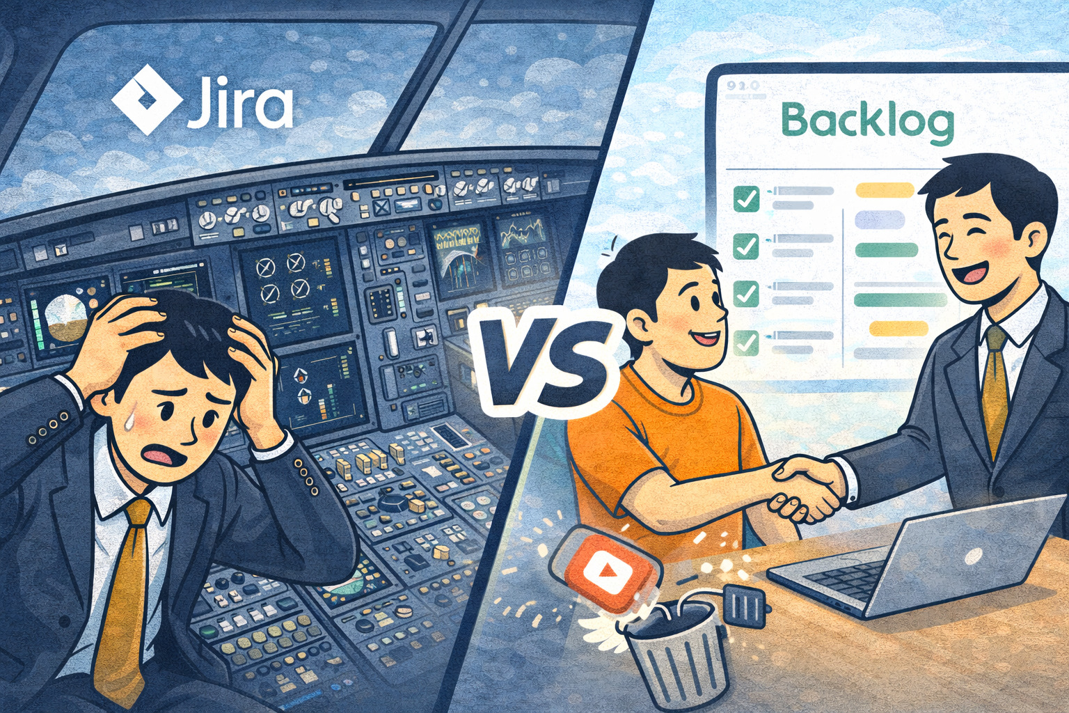 JiraとBacklogの使いやすさをVS構図で比較したイメージ