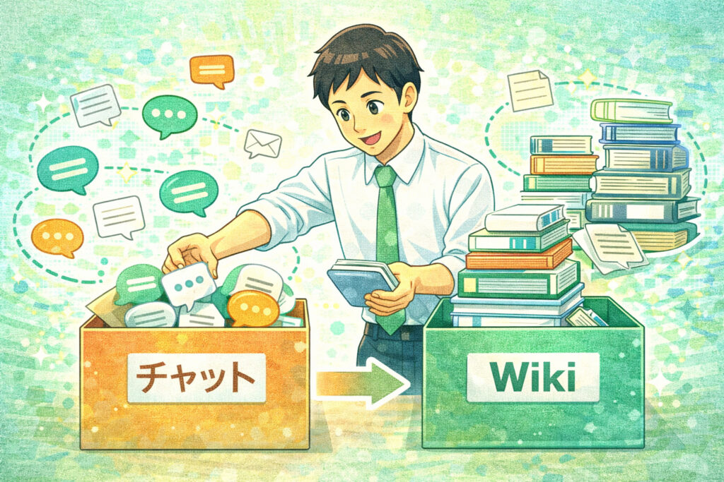 チャットとWikiで情報を分類して整理しているイメージ