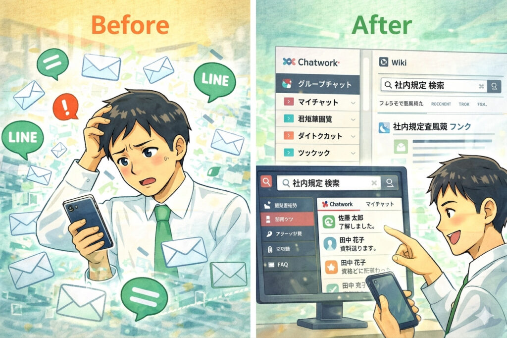 情報が散乱して混乱 vs 整理されたツールで効率化