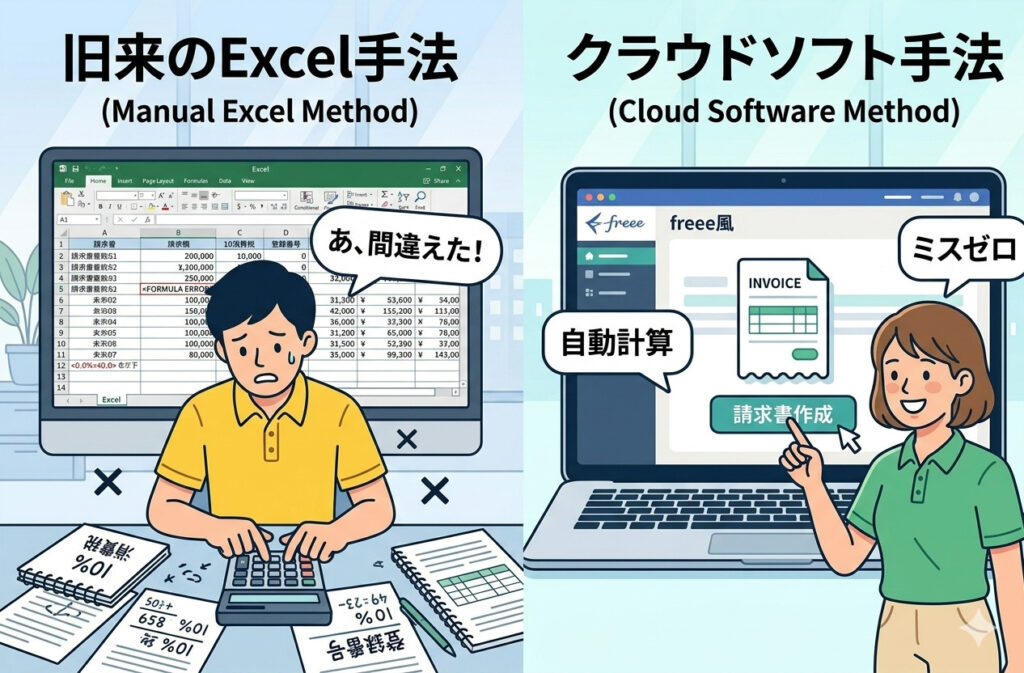 Excelとクラウドソフトの左右比較画像