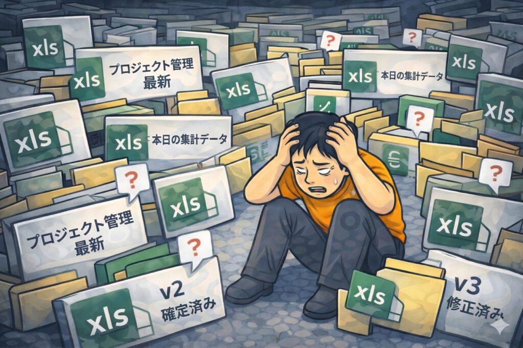 大量のExcelファイル迷路でどれが正しいか分からず混乱している状態