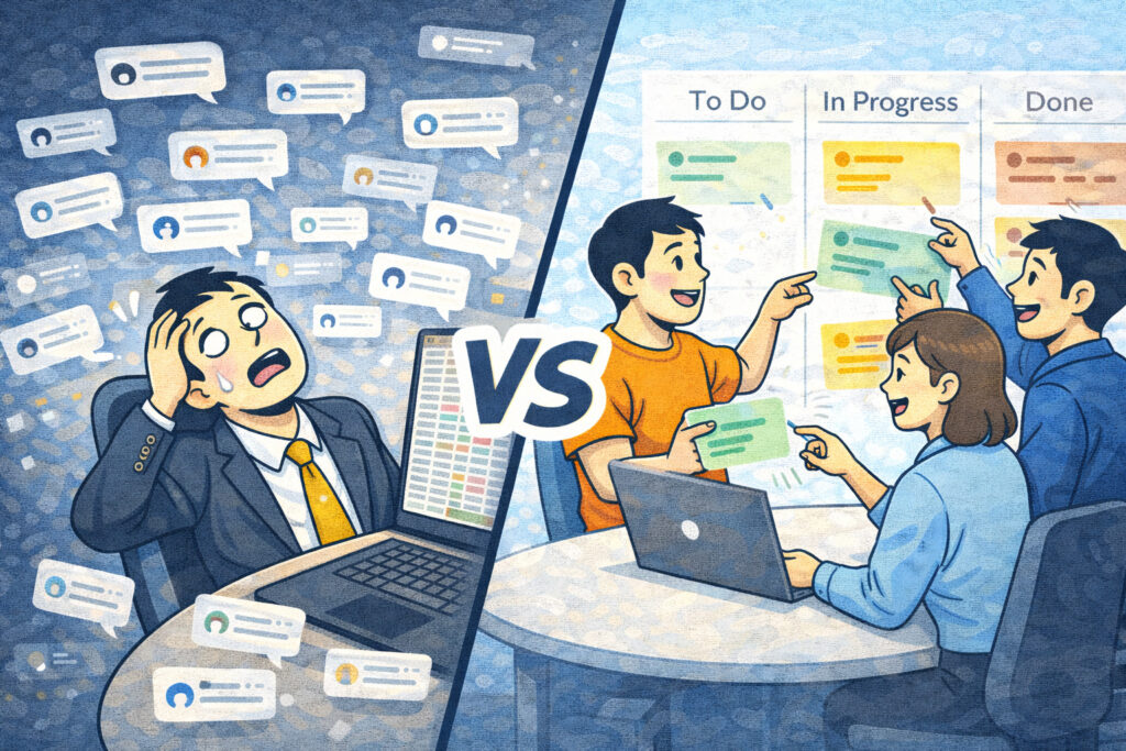 Excel＋チャット通知で疲弊 vs カンバンボードで余裕のチーム（VS構図）