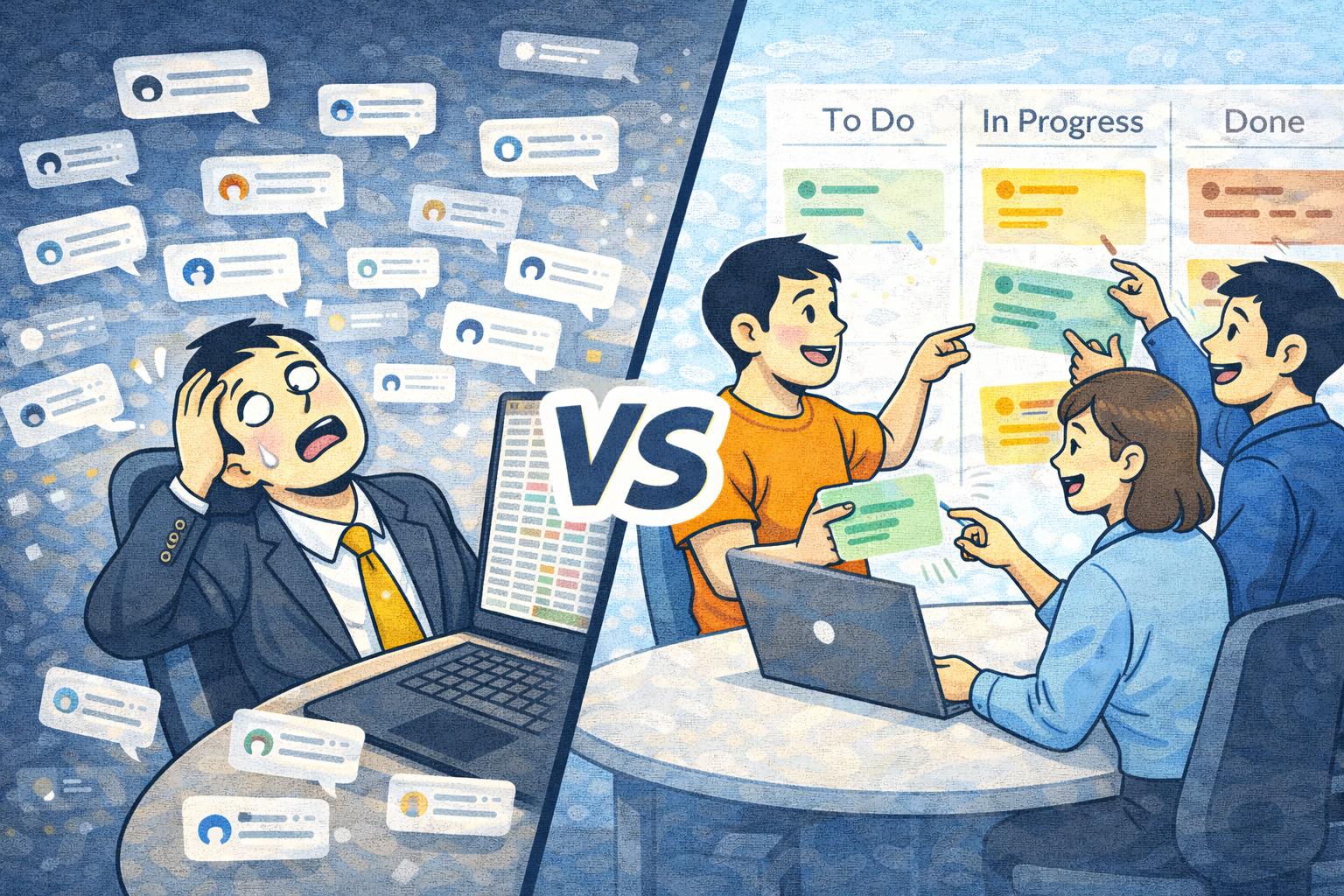Excel＋チャット通知で疲弊 vs カンバンボードで余裕のチーム（VS構図）