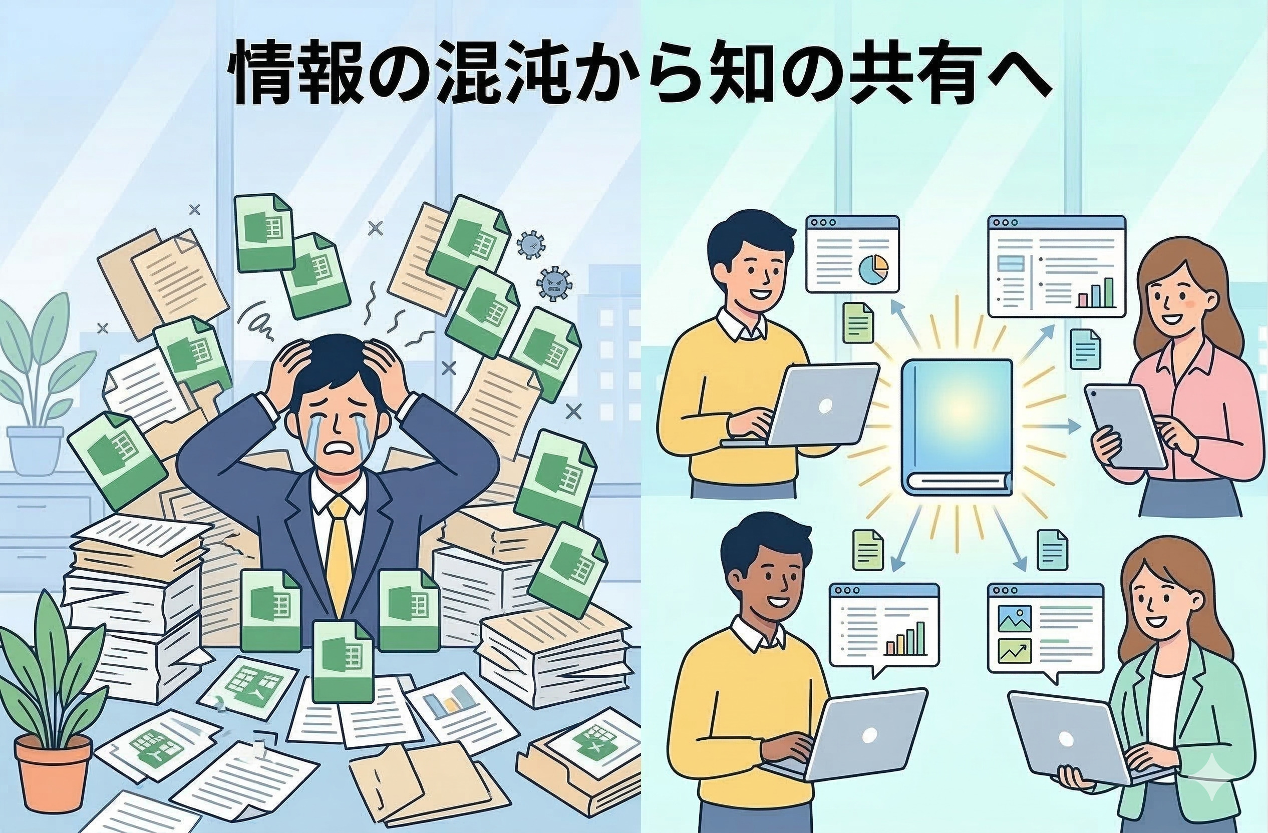 大量の紙の書類やファイルに埋もれて、頭を抱えて泣くビジネスパーソン。