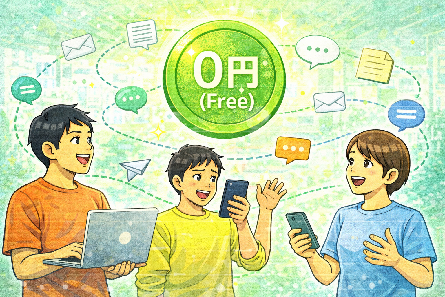 0円でチームが楽しく情報共有しているイメージ（