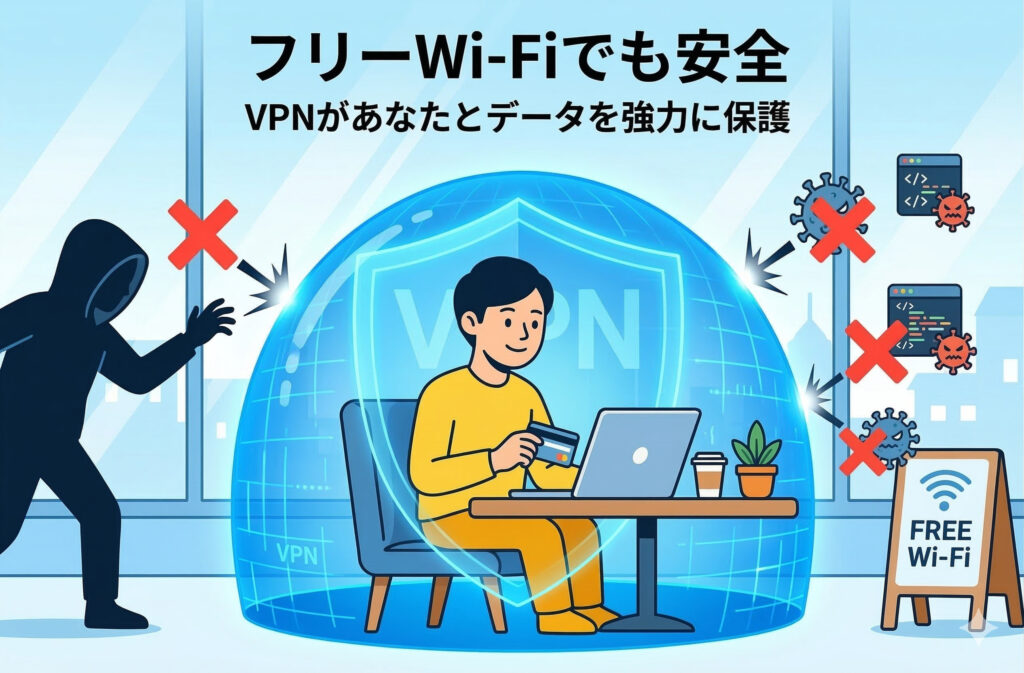 VPN（仮想プライベートネットワーク）が公衆（フリー）Wi-Fiの使用中に、ハッカーやマルウェア（ウイルス）の脅威からユーザーのラップトップとデータを保護