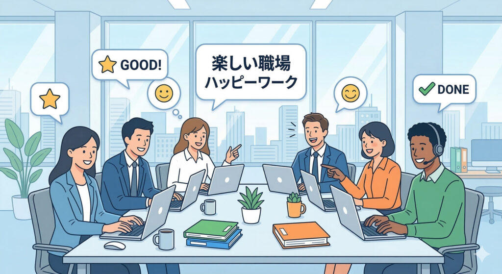 オフィスの会議室で、多国籍なチームメンバーが笑顔でノートパソコンを囲み、楽しく仕事や会議をしている様子。