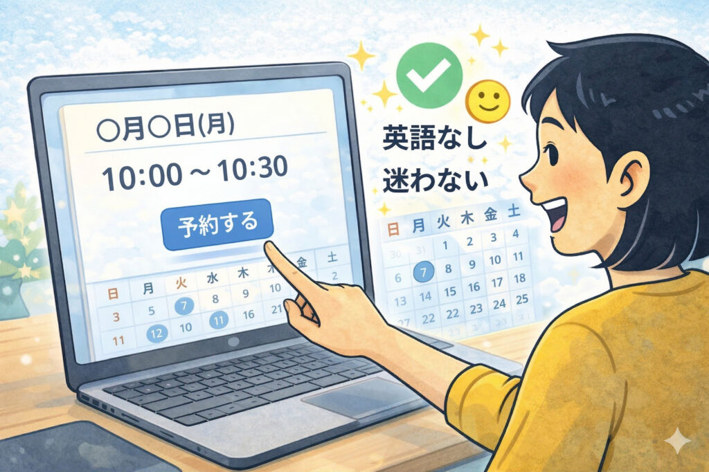 日本語の予約カレンダーをPCで見て「予約する」をクリックするユーザー