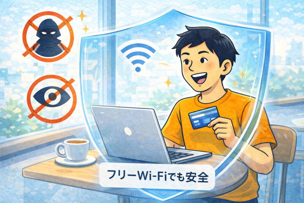 カフェのフリーWi-Fi環境でもVPNの盾で決済を守るセキュリティイメージ