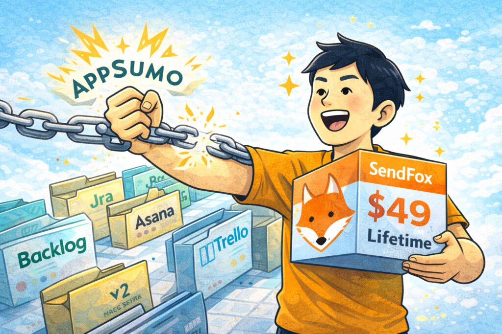 買い切り（SendFox $49）コインを持って喜ぶキャラクターでコスパの良さを表現