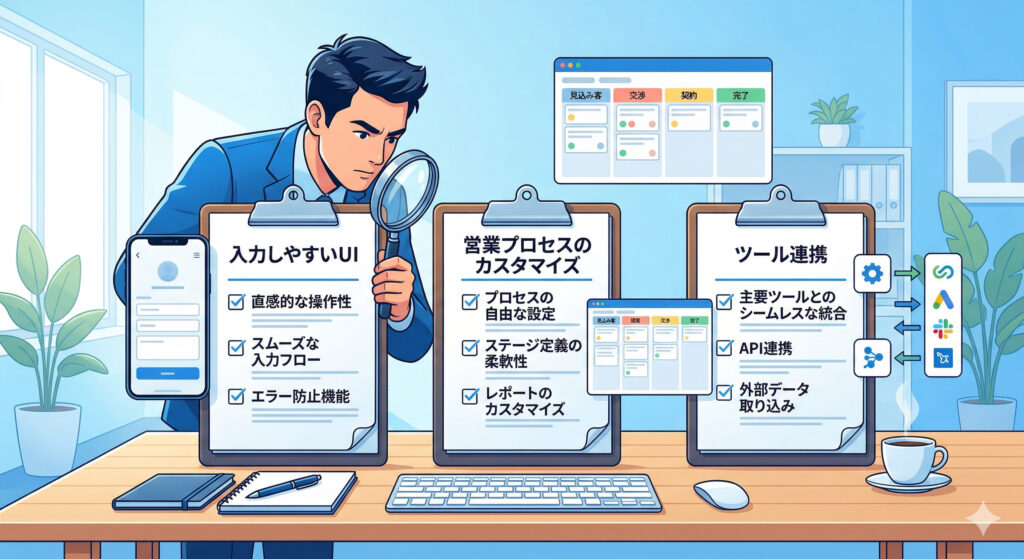 ソフトウェアの機能チェックリストを真剣に検討する男性