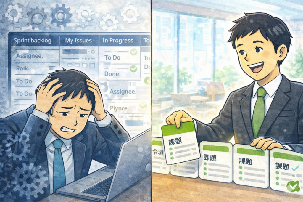 Jiraの複雑な画面に困惑 vs Backlogのシンプルなタスク管理を比較しているイメージ