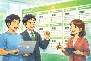 エンジニア・営業・デザイナーがBacklog風タスクボードでチーム協力しているイメージ