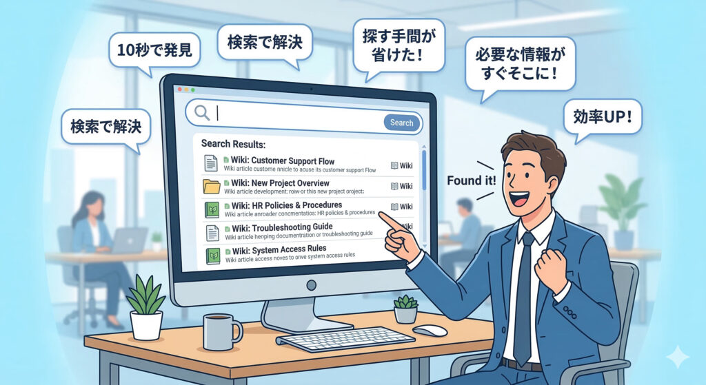 PC画面上のWiki検索結果を見つけて喜ぶビジネスパーソン。