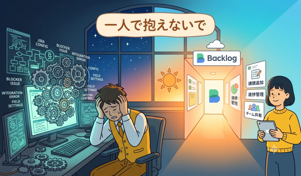 夜のオフィスで悩む男性